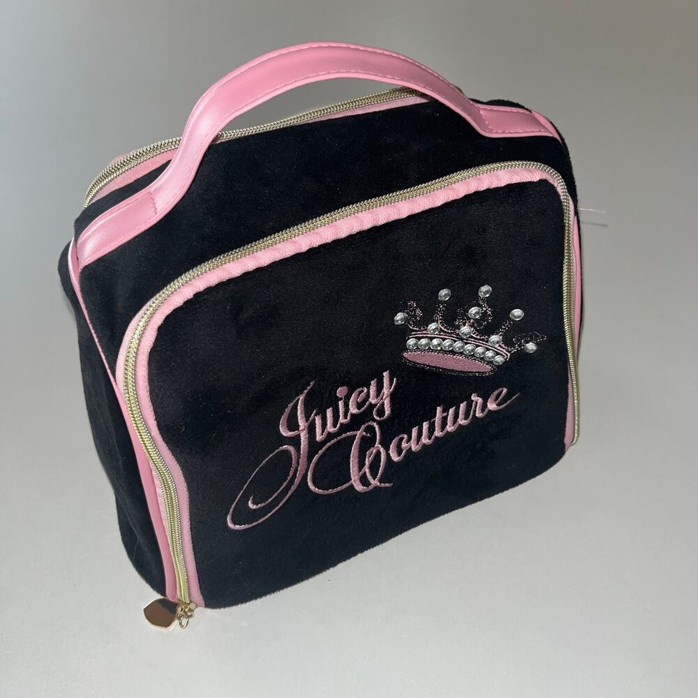 Rare Pink Black Y2K Juicy Couture Double Zip Tall Standing Make Up Cosmetic Bag